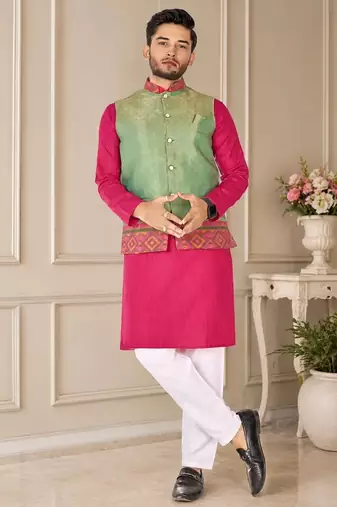 Pista green  color weaving work with ikkat kanjivaram cotton men's kurta payjama set