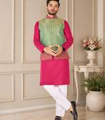 Pista green  color weaving work with ikkat kanjivaram cotton men's kurta payjama set