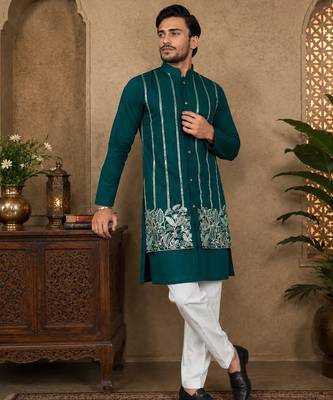 Teal blue color embroidery work silk indo ethnic men's kurta payjama set 2