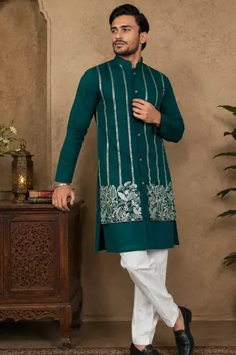 Teal blue color embroidery work silk indo ethnic men's kurta payjama set