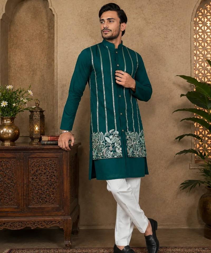 Teal blue color embroidery work silk indo ethnic men's kurta payjama set