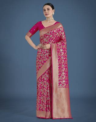 pink silk blend banarasi jacuard work saree with unstitched blouse piece 1