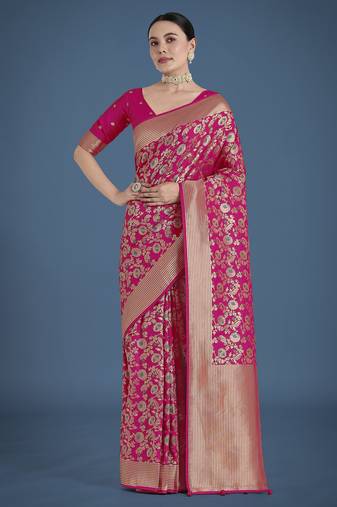 pink silk blend banarasi jacuard work saree with unstitched blouse piece