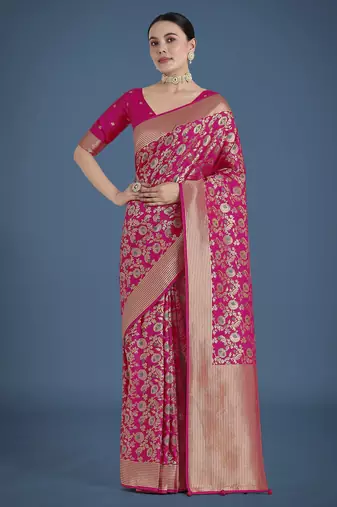pink silk blend banarasi jacuard work saree with unstitched blouse piece