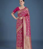 pink silk blend banarasi jacuard work saree with unstitched blouse piece