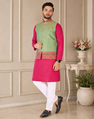 Pista green  color weaving work with ikkat kanjivaram cotton men's kurta payjama set 2