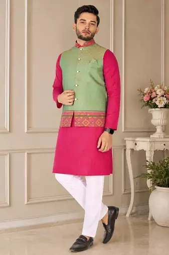Pista green  color weaving work with ikkat kanjivaram cotton men's kurta payjama set