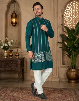 Teal blue color embroidery work silk indo ethnic men's kurta payjama set 3