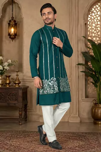 Teal blue color embroidery work silk indo ethnic men's kurta payjama set