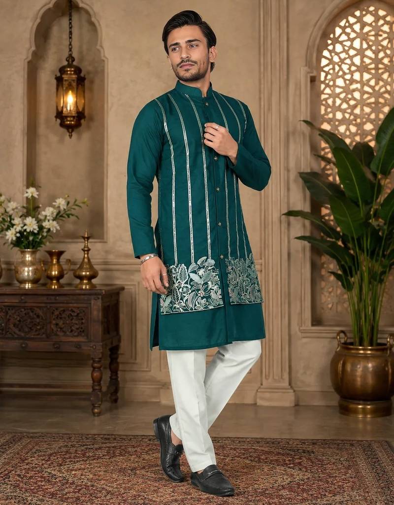 Teal blue color embroidery work silk indo ethnic men's kurta payjama set