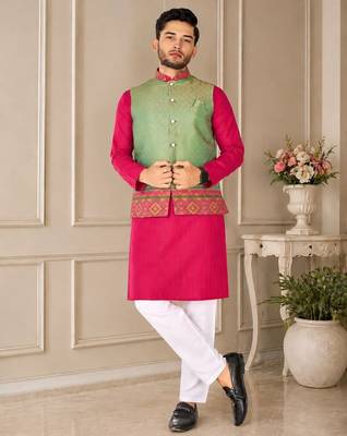 Pista green  color weaving work with ikkat kanjivaram cotton men's kurta payjama set 3