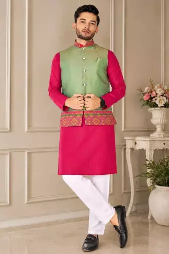 Pista green  color weaving work with ikkat kanjivaram cotton men's kurta payjama set