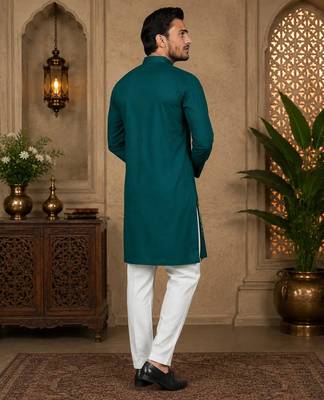 Teal blue color embroidery work silk indo ethnic men's kurta payjama set 4