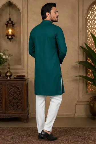 Teal blue color embroidery work silk indo ethnic men's kurta payjama set