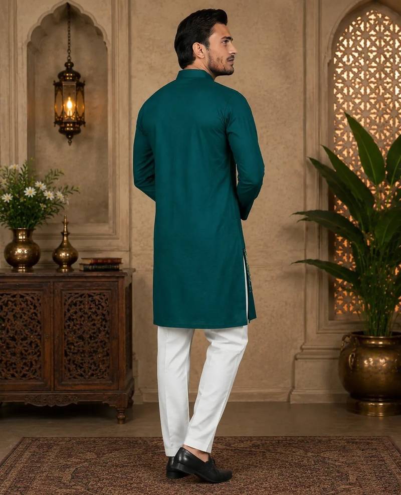 Teal blue color embroidery work silk indo ethnic men's kurta payjama set