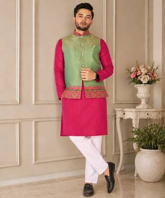Pista green  color weaving work with ikkat kanjivaram cotton men's kurta payjama set 4