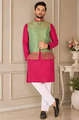 Pista green  color weaving work with ikkat kanjivaram cotton men's kurta payjama set