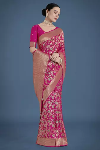 pink silk blend banarasi jacuard work saree with unstitched blouse piece