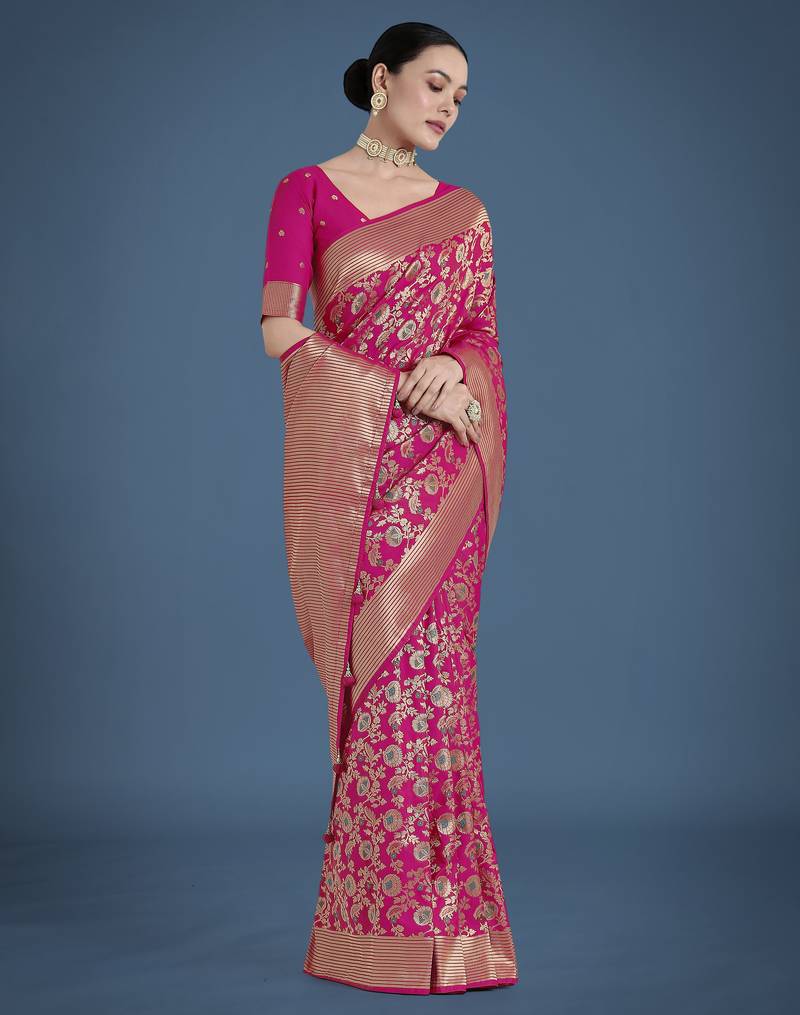 pink silk blend banarasi jacuard work saree with unstitched blouse piece