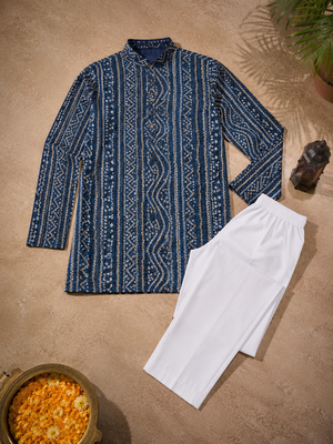 Navy blue color traditional chikankari embroidery cotton men's kurta payjama set 5