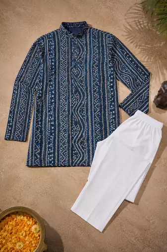 Navy blue color traditional chikankari embroidery cotton men's kurta payjama set