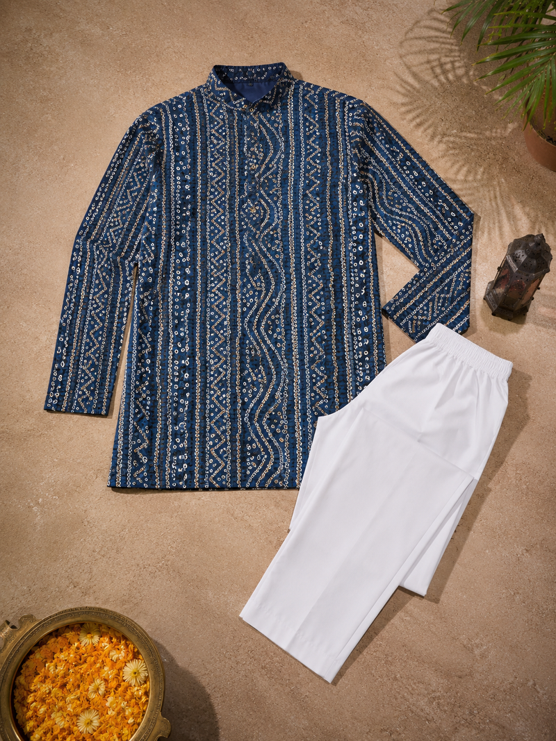 Navy blue color traditional chikankari embroidery cotton men's kurta payjama set