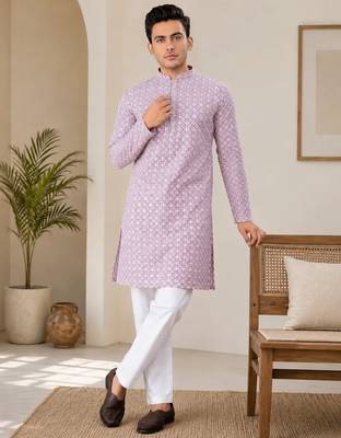 Onion pink color traditional chikankari embroidery cotton men's kurta payjama set 1
