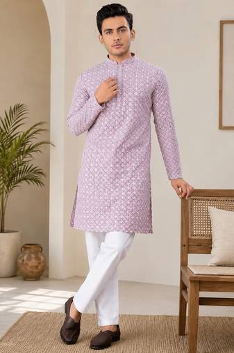 Onion pink color traditional chikankari embroidery cotton men's kurta payjama set