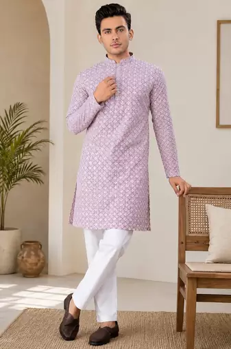 Onion pink color traditional chikankari embroidery cotton men's kurta payjama set