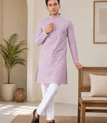 Onion pink color traditional chikankari embroidery cotton men's kurta payjama set