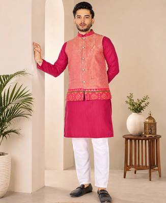 Peach color weaving work with ikkat kanjivaram cotton men's kurta payjama set 1