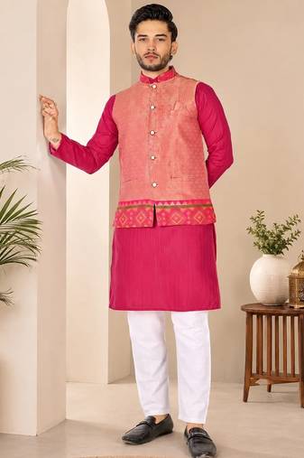 Peach color weaving work with ikkat kanjivaram cotton men's kurta payjama set