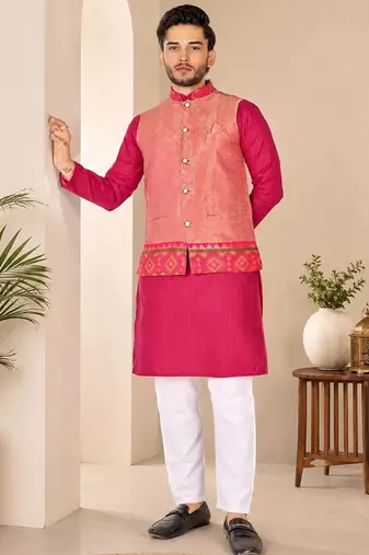 Peach color weaving work with ikkat kanjivaram cotton men's kurta payjama set
