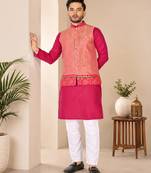 Peach color weaving work with ikkat kanjivaram cotton men's kurta payjama set