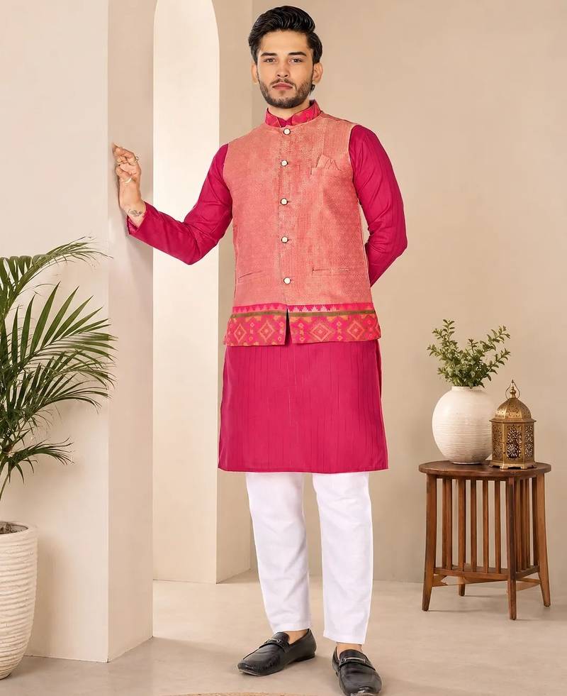 Peach color weaving work with ikkat kanjivaram cotton men's kurta payjama set