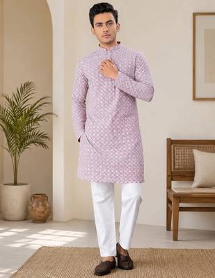 Onion pink color traditional chikankari embroidery cotton men's kurta payjama set 2