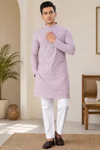 Onion pink color traditional chikankari embroidery cotton men's kurta payjama set