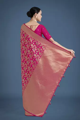 pink silk blend banarasi jacuard work saree with unstitched blouse piece