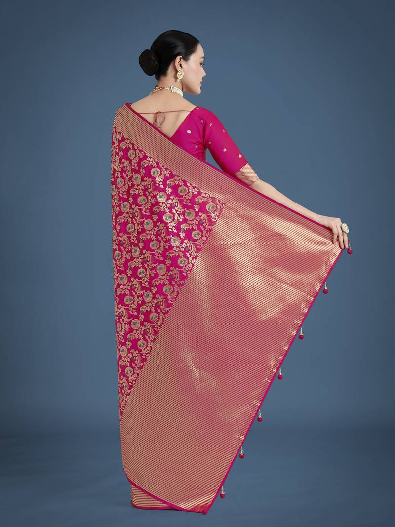 pink silk blend banarasi jacuard work saree with unstitched blouse piece