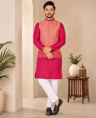 Peach color weaving work with ikkat kanjivaram cotton men's kurta payjama set 2