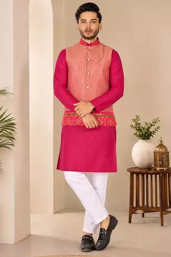 Peach color weaving work with ikkat kanjivaram cotton men's kurta payjama set