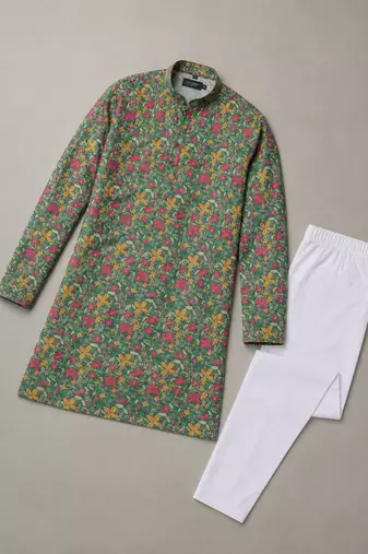 Olive green  color digital print with chikankari embroidery work rayon men's kurta payjama set