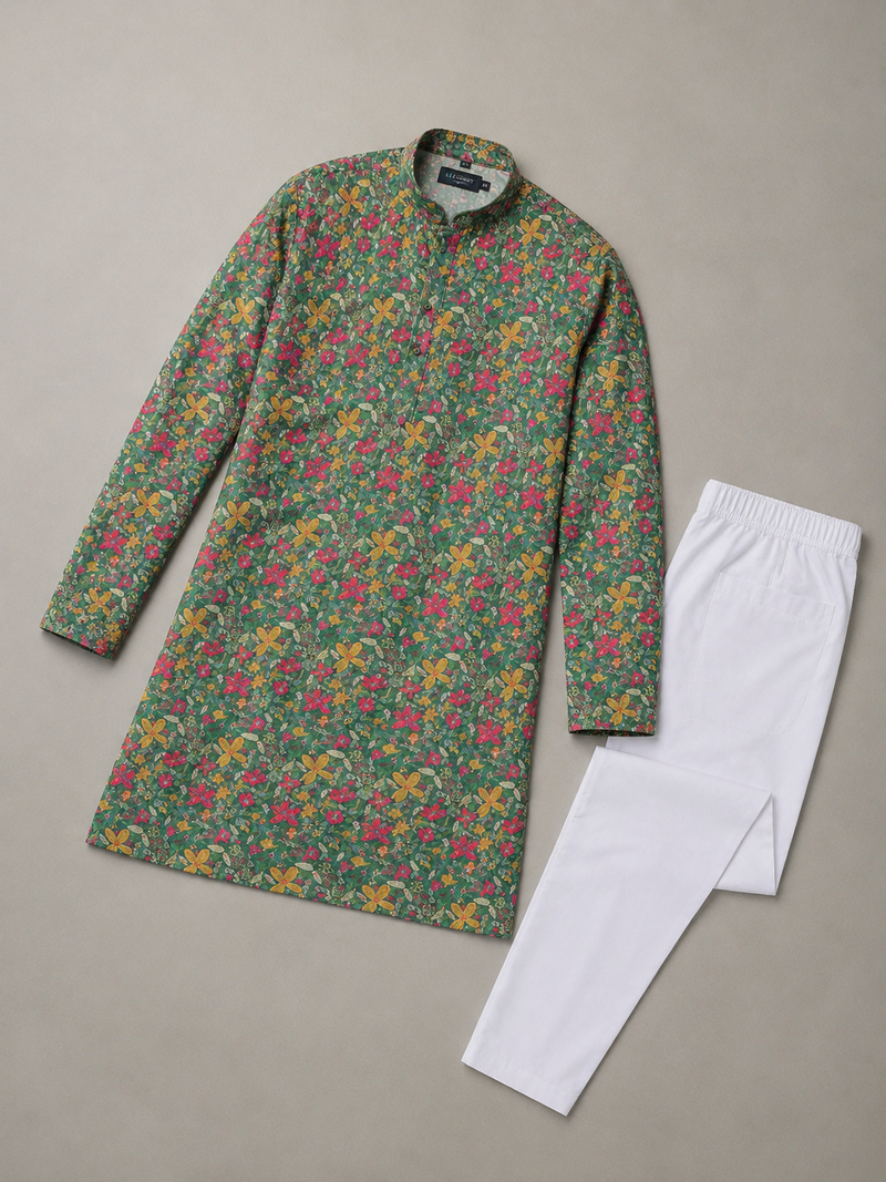 Olive green  color digital print with chikankari embroidery work rayon men's kurta payjama set