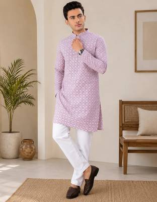 Onion pink color traditional chikankari embroidery cotton men's kurta payjama set 3