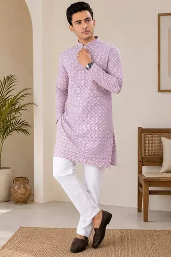 Onion pink color traditional chikankari embroidery cotton men's kurta payjama set