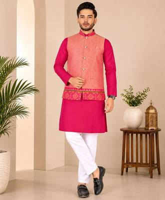 Peach color weaving work with ikkat kanjivaram cotton men's kurta payjama set 3