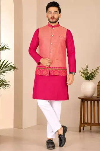Peach color weaving work with ikkat kanjivaram cotton men's kurta payjama set