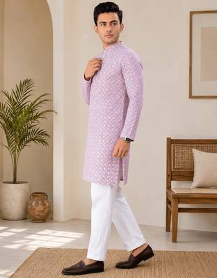Onion pink color traditional chikankari embroidery cotton men's kurta payjama set 4