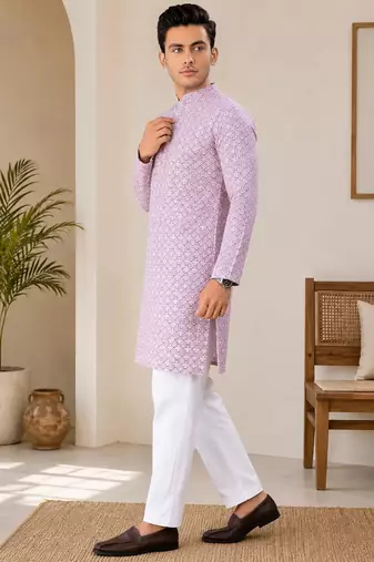 Onion pink color traditional chikankari embroidery cotton men's kurta payjama set