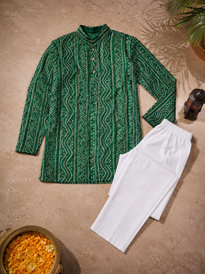 Dark green color traditional chikankari embroidery cotton men's kurta payjama set 5